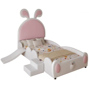 Polsterbett Kinderbett Einzelbett 90x200 cm mit Treppe & Kinderrutsche Rosa - Bild 1 von 12