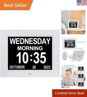 8 Inch Extra Large Calendar Day Date Time Clock with Non-Abbreviated Day  Dem... - Image 1 of 4