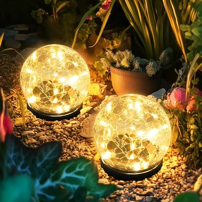 Lámpara Globo Decorativa Bola de Vidrio Grietado Luces Solares LED de Jardín Foto 1 de 4