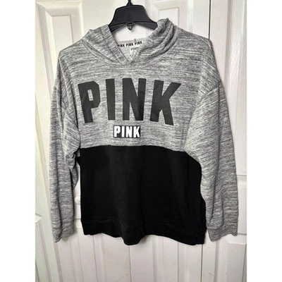 PINK Victoria's Secret Pullover Hoodie Sweatshirt Black Gray Color Block Large - Image 1 of 4