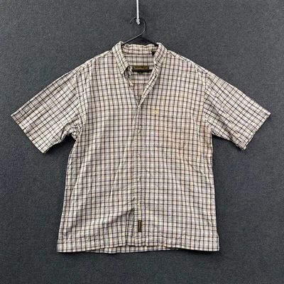 Timberland Mens Medium Short Sleeve Button Down Shirt Beige Blue Plaid Pocket - Image 1 of 4