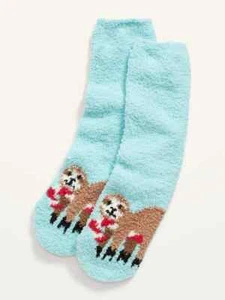 NWT Old Navy Blue Sloth Candy Cane Chenille Fuzzy Cozy Socks for Women NEW - Picture 1 of 4