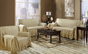 VENICE 3 PIECE SET SOFA LOVESEAT & CHAIR FURNITURE THROW COVERS, RUFFLE BORDER - Picture 1 of 13