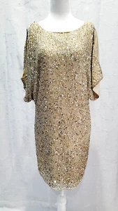 CACHE Gold Tan Silver Sequin Silk Cold Shoulder Mini Cocktail Dress Women's 2 - Picture 1 of 11