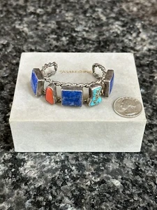 Vintage Indianer Sterlingsilber Türkis Lapis rote Koralle Manschette Armband - Bild 1 von 14