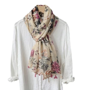 Womens Purple Beige Floral Tasseled Scarf Soft Spring Pashmina Shawl Stole Wrap - Picture 1 of 11