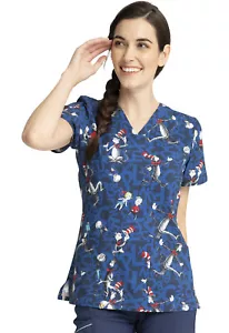 Cat In The Hat Cherokee Scrubs Tooniforms Dr. Seuss V Neck Top TF738 SEJT - Picture 1 of 6