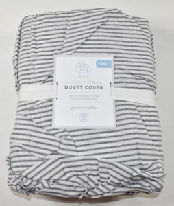 Housse de couette double rayure froncée enfant Pottery Barn gris tic-tac ferme NEUF - Photo 1/8