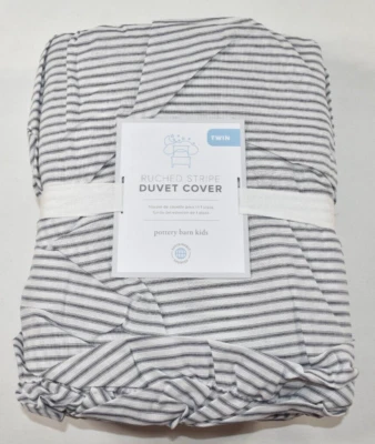 Pottery Barn Kids Ruched Stripe Twin Duvet Cover Gray Ticking Farmhouse NEW - Image 1 of 4