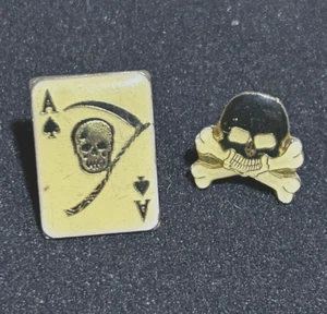 2 Skull Hat Lapel Pins Tie Tac Enamel Cross Bones Death Skull Reaper Ace Spades - Picture 1 of 2