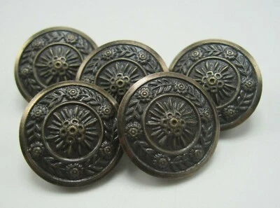 5 Vintage Metal Buttons Bronze Color Floral Pattern Pretty 3/4" Diameter - Image 1 of 3