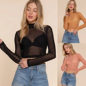 Women's Mock Neck Mesh Crop Top Long Sleeve Stretch Soft Solid Shirt - Picture 1 of 22