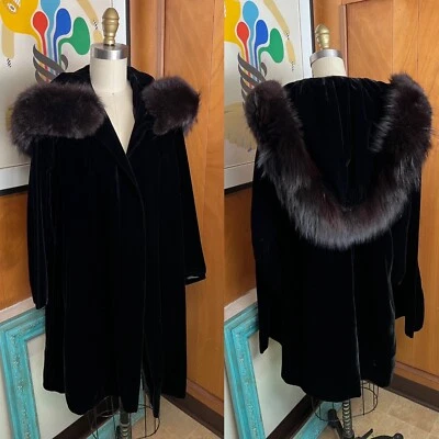 VTG Velvet Real FUR Hood Opera Evening Coat Victorian Edwardian Black Dressing - Image 1 of 4