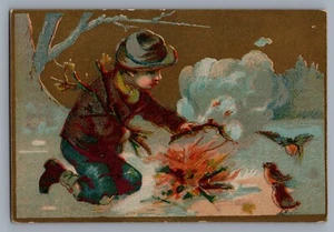 1800s Victorian Trade Card Boy Building Campfire and Birds - Picture 1 of 2