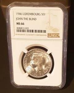 1946 LUXEMBOURG SILVER 50 FRANCS JOHN THE BLIND NGC MS 66 - Picture 1 of 2