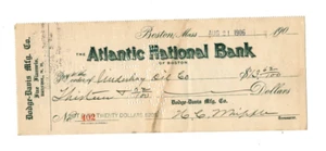 1906 check signed Henry Chandler Whipple, Whipple House, Bristol, New Hampshire - Picture 1 of 4