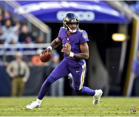 Lamar Jackson Baltimore Ravens Unsigned Purple Jersey Scrambling Photograph Cover