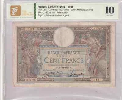1925 France 100 Francs Pick#78a 10 Very Good - Image 1 of 2
