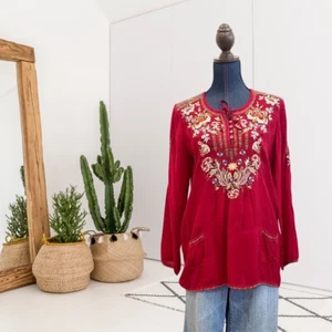 Johnny Was Women's S Long Sleeve Floral Geometric Embroidered Pocket Top Red - Picture 1 of 12