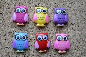 6 multi-colored OWL bulletin board pushpins, thumbtacks, or magnets - Picture 1 of 6