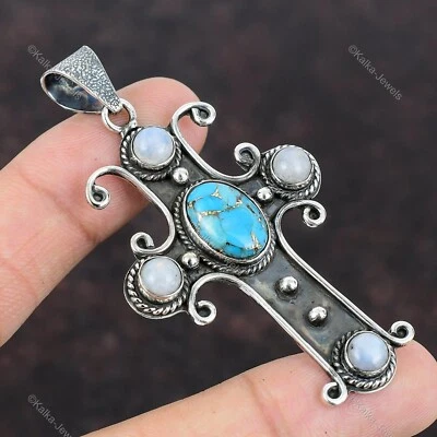 Natural Copper Blue Turquoise Gemstone 925 Silver Pendant Cross For Women - Image 1 of 4