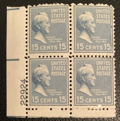 1938 US SCOTT #820 PLATE BLOCK OF 4 MNH OG NEW UNUSED 15 CENTS JAMES BUCHANAN VF - Image 1 of 3