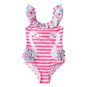 Girls One Piece Swimwear Cute Swimsuit Pink Striped Print Ruffle Bathing Suit... - Picture 1 of 7