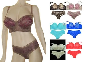 NWT GORGEOUS SUPPORTIVE LACE OVERLAY BRA + LACE HIPSTER PANTY SET 32-44 D DD - Picture 1 of 11