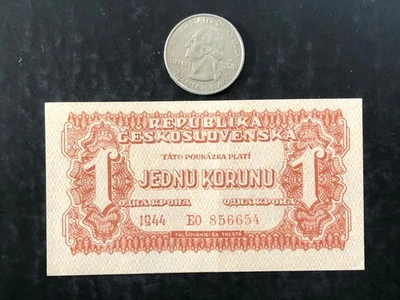 1944 Czechoslovakia 1 Koruna WWII Banknote Currency - Circulated nice - Image 1 of 2