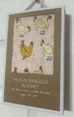mudpie Baby Girl Muslin Swaddle Blanket CHICKENS Pink 47” Cotton NEW  - Image 1 of 4