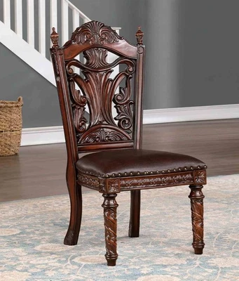 Traditional Style 2PC Dining Side Chair Leatherette Seat Carved Detailed Back - Image 1 of 4