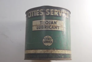 VINTAGE OIL CAN TIN Cities Services Trojan Lubricant 5 LBs Canada - Foto 1 di 5