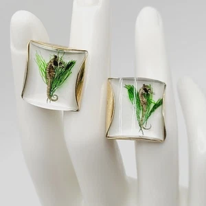 Figurales Sea Life in Plexiglas goldfarben gewölbt Herren Vintage Mid Century Manschettenknöpfe - Bild 1 von 16