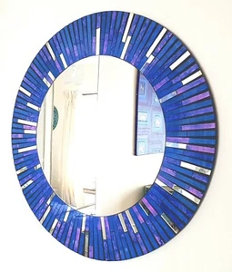Espejo de Pared Mosaico Redondo Diseño Rayo Azul y Morado, Hecho a Mano en Bali, 50cm-NUEVO - Imagen 1 de 8