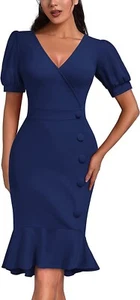 AISIZE Damen Vintage V-Ausschnitt Rüschensaum Cocktail Bodycon Kleid - Bild 1 von 5