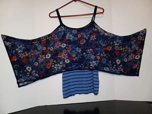 Womens Large Blue Tank w/ Attached Sheer Batwing Sleeve Over Top Floral Stripes - Picture 1 of 17