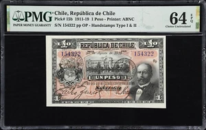 Chile One Peso 1919 Pick-15b Choice UNC PMG 64 EPQ - Picture 1 of 2
