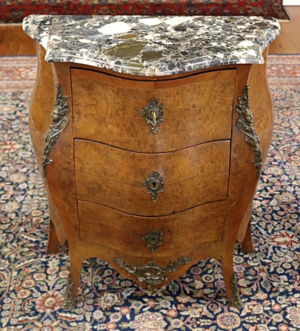 Petite French Marble Top Burled Wood Bombe Nightstand Chest Commode Circa 1920 Cover