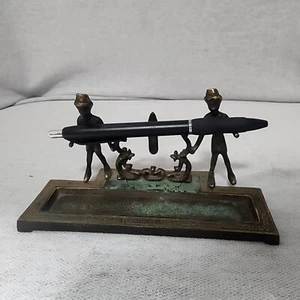 Brass Two Man Desktop Pen Holder Tururay??? Vtg +++Patina - Picture 1 of 9
