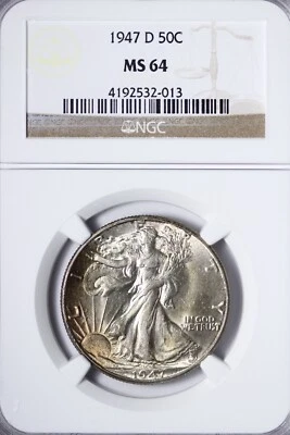 BU 1947-D Walking Liberty Half Dollar NGC MS64 Better Date, Toned KULM - Image 1 of 3