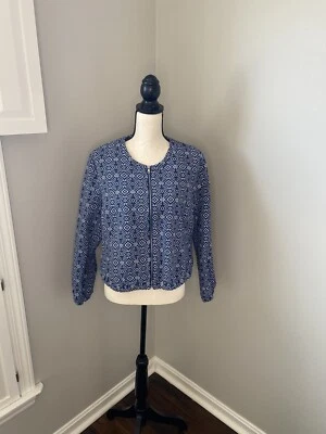 Chaqueta Bomber Antigua Azul Marino Para Mujer Jacquard Estampado Azteca Y Blanco Talla L Foto 1 de 4