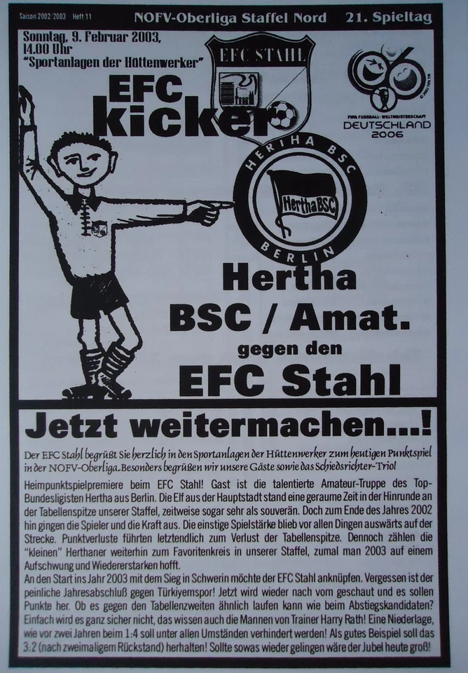 Programm 2002/03 Eisenhüttenstädter FC Stahl - Hertha BSC Am. (ausgef.) - Bild 1 von 1