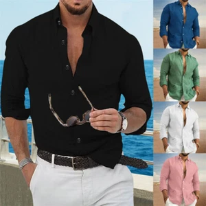 Herren Hemd Baumwolle Langarm Freizeithemd Leinen Freizeitshirt V- Shirt Hemden - Bild 1 von 17
