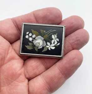 PIETRA DURA VICTORIAN SILVER BROOCH c1870 - Picture 1 of 4