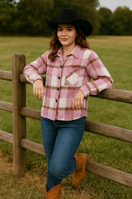 e Luna Women Medium Flannel Jacket Pink White Plaid Outdoor NWT - Image 1 of 4