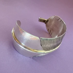 Signed Navajo Delbert  Vandever Sterling Silver Feather Cuff Bracelet Vintage 6” - Picture 1 of 24