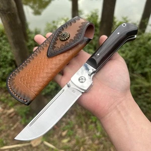 D2 Steel Folding Knife 24cm Ebony Wood Handle with Leather Sheath CNC Sharp - Imagen 1 de 12