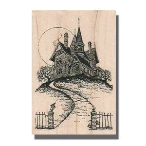 Rubber Stamp, Halloween Haunted House Scene, Building, Tree,Spooky,Moon,Fence,sm - Picture 1 of 6