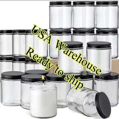 8oz 48ct Pack Thick Clear Round Glass Mason Candle Jars With Black Metal Lids - Image 1 of 4