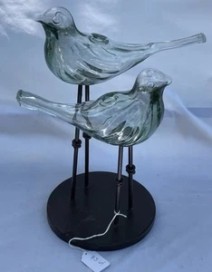 Glass Birds Sculpture Figure Murano Style Hand Blown Clear Metal Legs Round Base - Picture 1 of 23